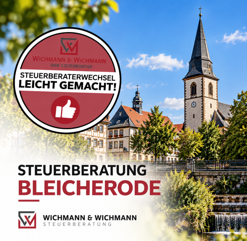 Steuerberatung Bleicherode – Wichmann & Wichmann mit regionalem Stadtmotiv und Hinweis zum Steuerberaterwechsel